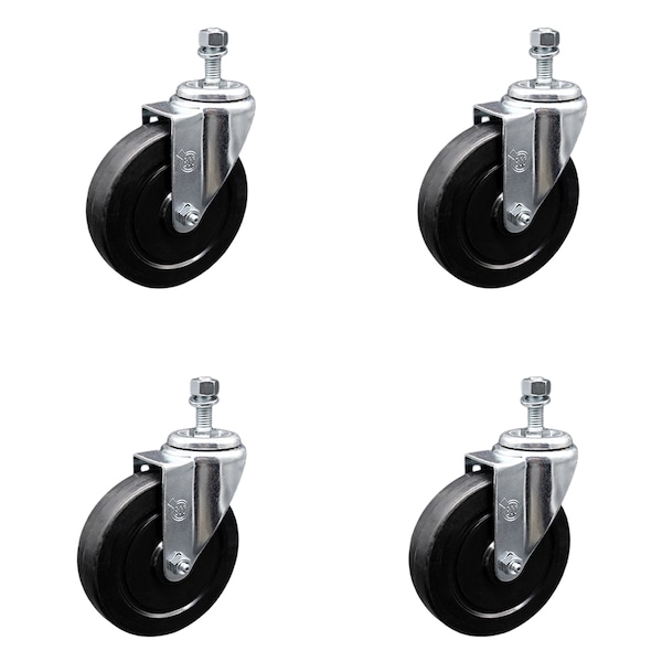 5 Inch SS Soft Rubber Wheel Swivel 10mm Threaded Stem Caster Set SCC